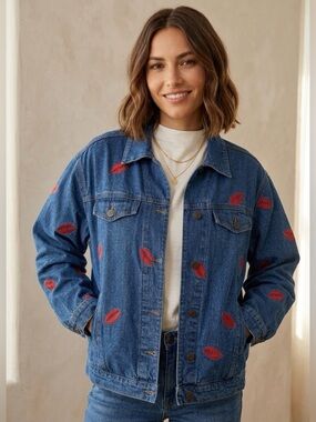 Casey Coleman Vintage Cotton Blue Red Denim Jacket Size Large